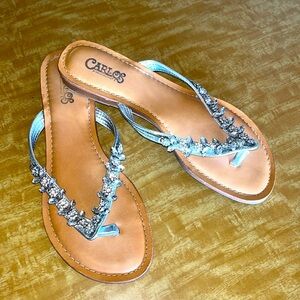Carlos bejeweled silver toned flip flops size 6 1/2 in great condition